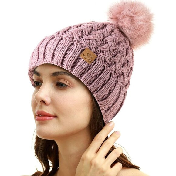 Women’s pink Winter Ribbed Beanie Hat Chunky Cable Knit Pompom Warm